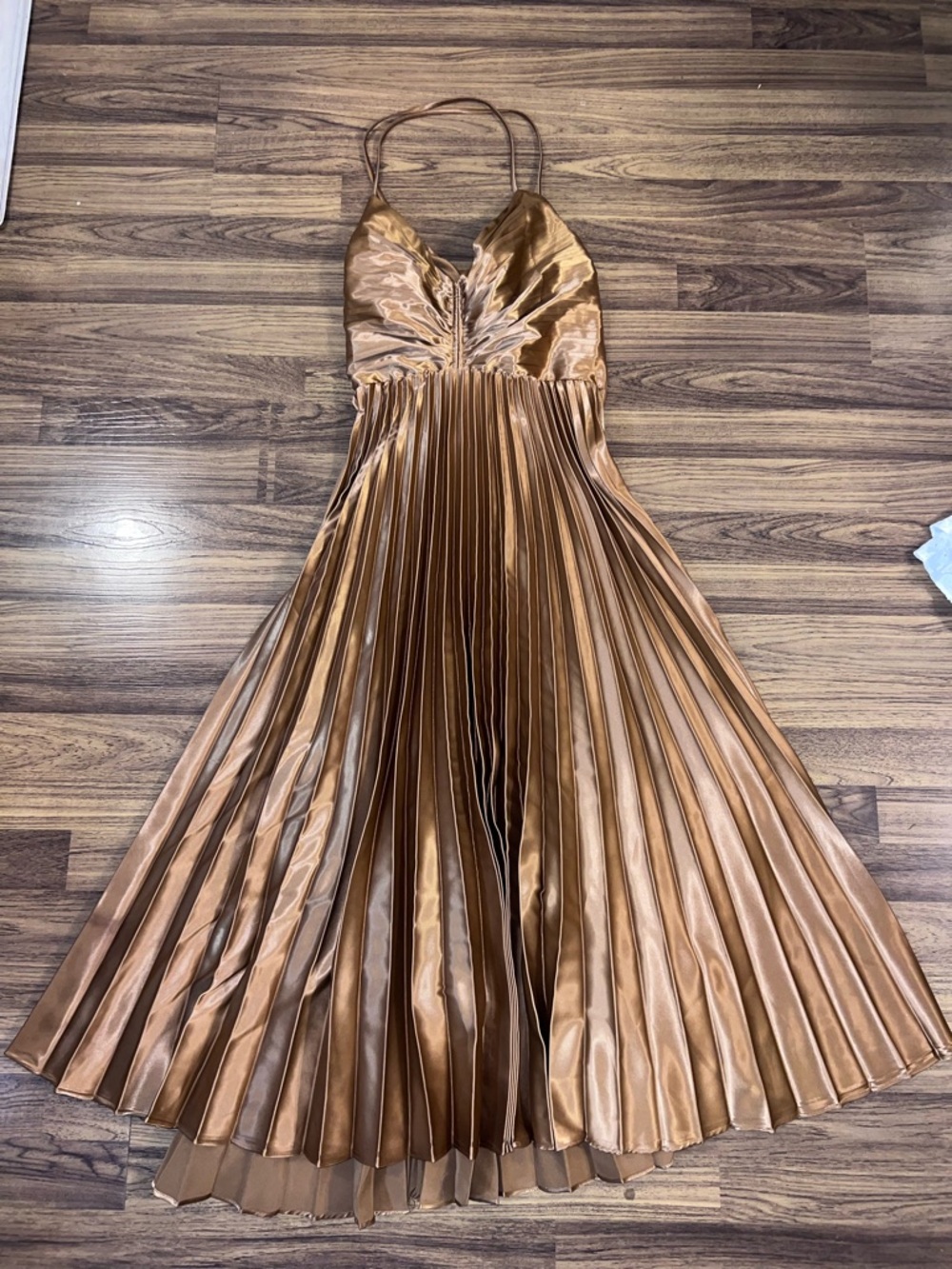 Metallic Copper Halter Pleated Maxi Cocktail Party Dress